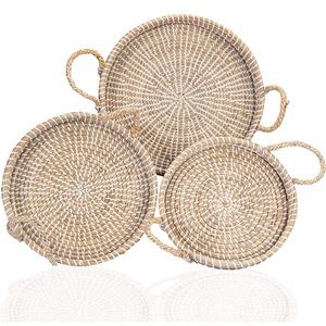 NEW! Round Seagrass Woven Trays Boho Farmhouse Handles Bundle of 3 Handmade